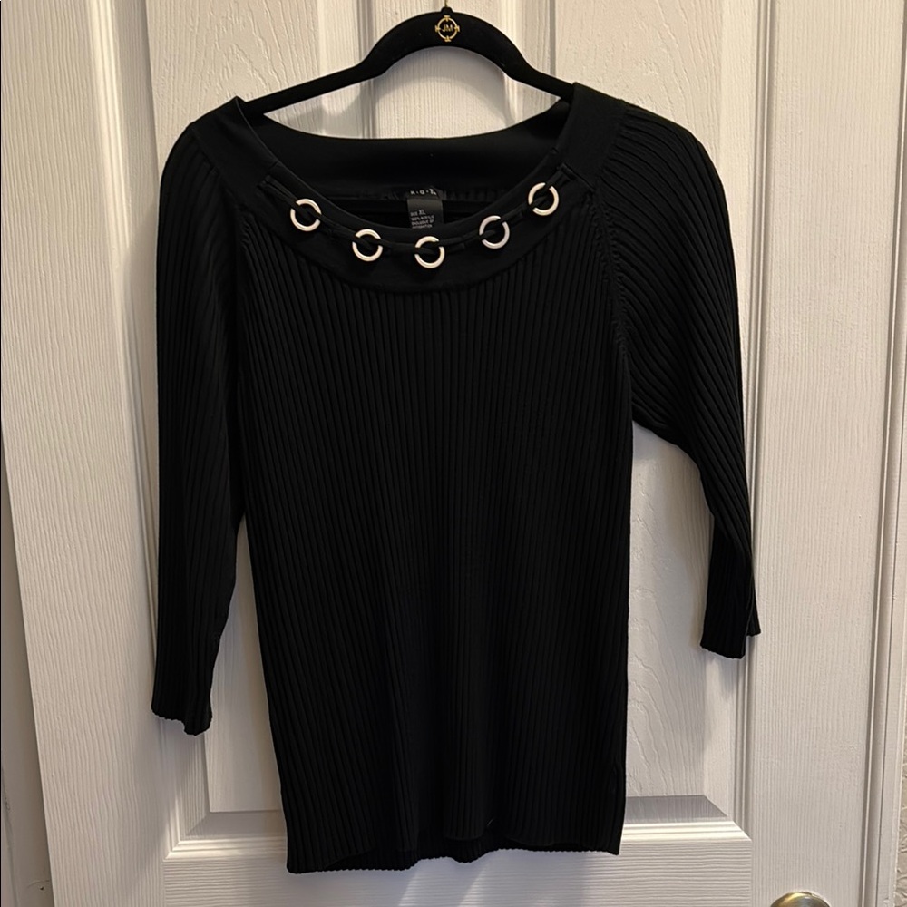 Black Ribbed Top with Grommet Detail by RQT